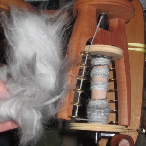 Apparently spinning Angora rabbit fur is exactly this easy! Smart Deidra to have her wheel present for demonstration.